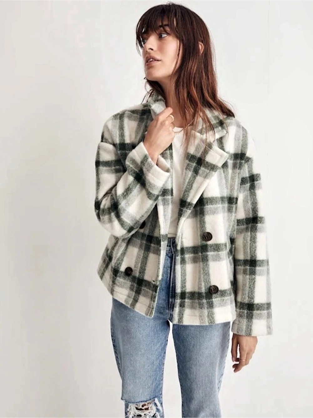 NWT Madewell Jacquard Double-Breasted Crop Blazer in Plaid Pea Coat in Green